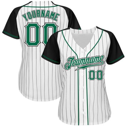 Custom Name Number Baseball Jersey - Personalized Kelly Green Black White Pinstripe Authentic Raglan Sleeves Personalized