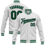 Custom Name Number Kelly Green Bomber Jacket Personalized White Black Pinstripe Varsity Letterman Full-Snap Jacket Personalized