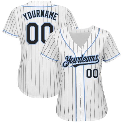 Personalized Authentic Baseball Jersey - White Black Pinstripe Light Blue Personalized White Black Pinstripe Light Blue Authentic