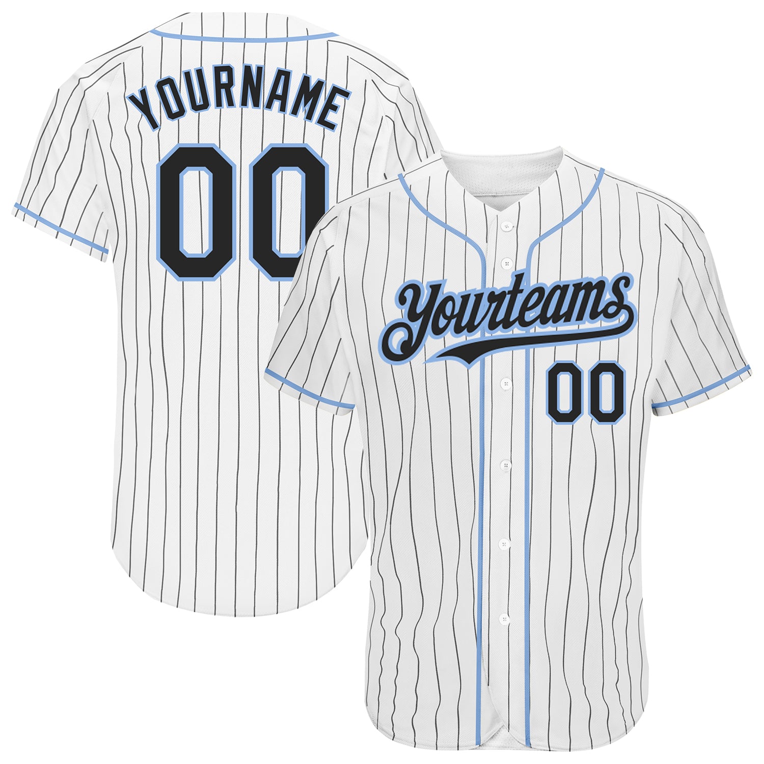 Personalized Authentic Baseball Jersey - White Black Pinstripe Light Blue Personalized White Black Pinstripe Light Blue Authentic