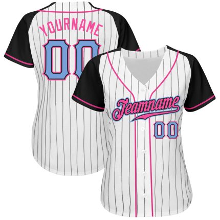 Personalized Light Blue Black Pinstripe Baseball Jersey with Raglan Sleeves Personalized White Black Pinstripe Light Blue-Black