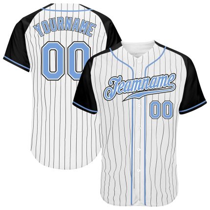 Customizable Light Blue-Black Baseball Jersey with Personalized Name and Number, White Black Pinstripe Authentic Raglan Sleeves