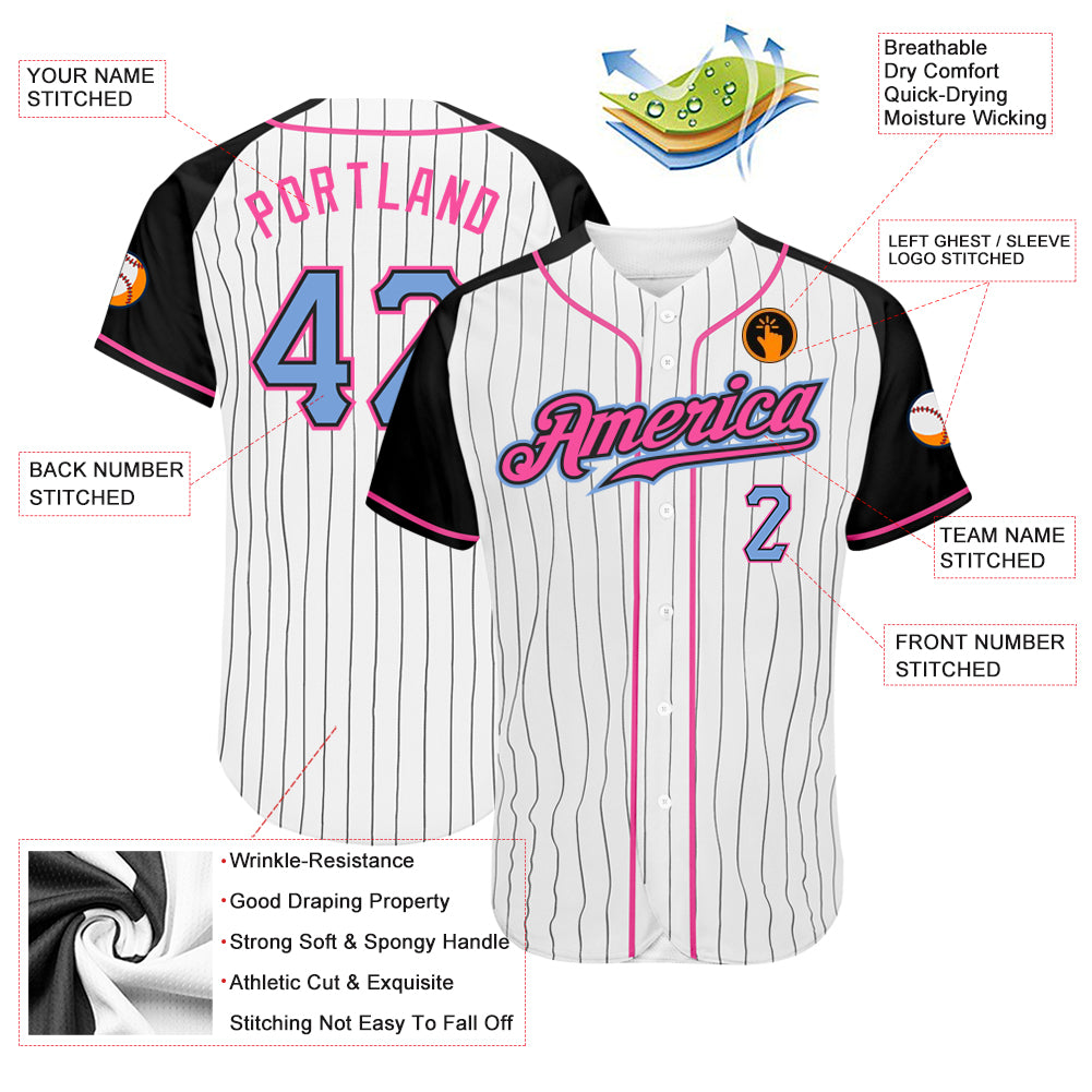 Personalized White Black Pinstripe Light Blue-Black Authentic Raglan Sleeves Baseball Jersey Personalized Light Blue Black Pinstripe Baseball Jersey with Raglan Sleeves Personalized White Black Pinstripe Light Blue-Black - Image 3