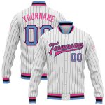 Customizable Bomber Jacket with Name and Number, Black-Pink/White-Black Pinstripe, Full-Snap Varsity Letterman Design Personalized
