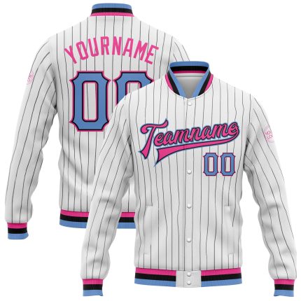 Customizable Bomber Jacket with Name and Number, Black-Pink/White-Black Pinstripe, Full-Snap Varsity Letterman Design Personalized