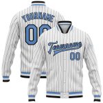 Custom Team Name Number Bomber Varsity Letterman Jacket Light Blue Black Pinstripe Personalized Full-Snap Personalized White