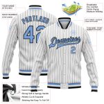 Custom Team Name Number Bomber Varsity Letterman Jacket Light Blue Black Pinstripe Personalized Full-Snap Personalized White