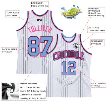 Custom Pinstripe Basketball Jersey Personalized with Name & Number - Authentic White Black Light Blue-Pink Personalized White