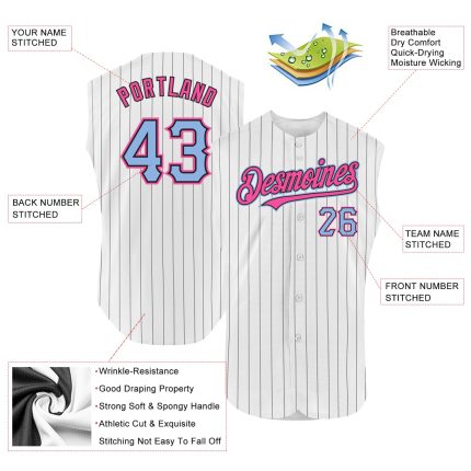 Custom Name and Number Personalized Baseball Jersey - White Black Pinstripe Light Blue-Pink Sleeveless Team Apparel Personalized