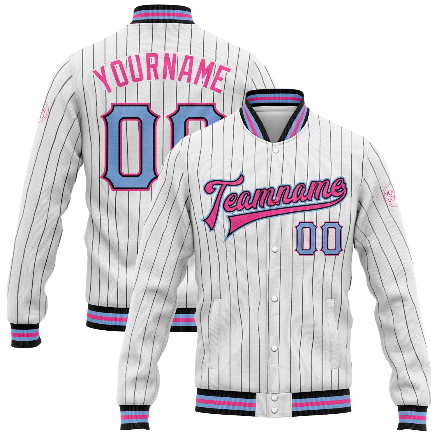 Custom Name Number Bomber Jacket Light Blue Pink Black White Pinstripe Varsity Full-Snap Letterman Style Personalized White