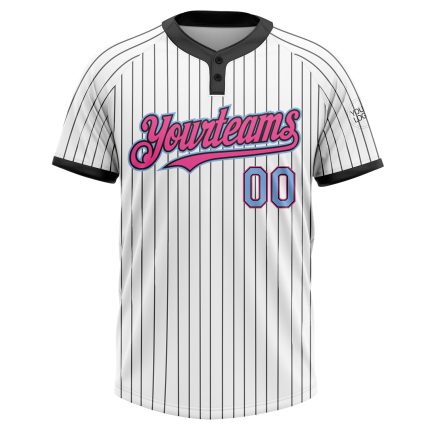 Custom Name and Number Unisex Softball Jersey in Light Blue and Pink, Personalized Black White Pinstripe Design, Two-Button Style
