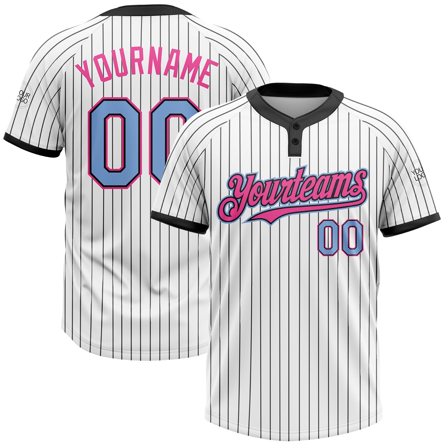 Custom Name and Number Unisex Softball Jersey in Light Blue and Pink, Personalized Black White Pinstripe Design, Two-Button Style