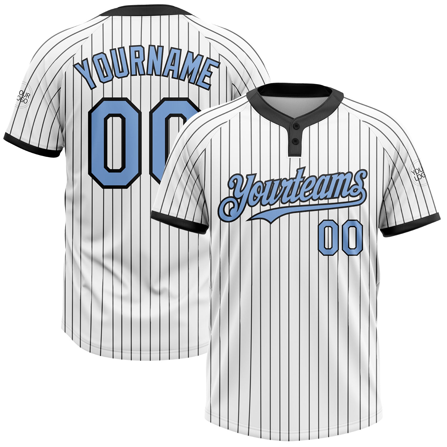 Custom Name and Number Unisex Softball Jersey in White Black Pinstripe Light Blue - Two-Button Design Personalized White