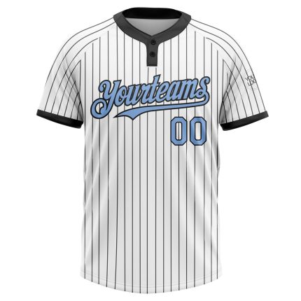 Custom Name and Number Unisex Softball Jersey in White Black Pinstripe Light Blue - Two-Button Design Personalized White