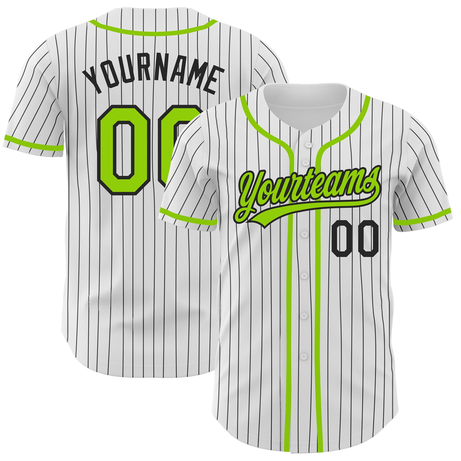 Personalized Custom Name Number Authentic Baseball Jersey - White Black Pinstripe Neon Green Personalized White Black Pinstripe