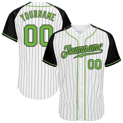 Custom Neon Green Black Baseball Jersey with Personalized Name and Number, White Black Pinstripe Authentic Raglan Sleeves