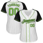 Custom Neon Green Black Baseball Jersey with Personalized Name and Number, White Black Pinstripe Authentic Raglan Sleeves