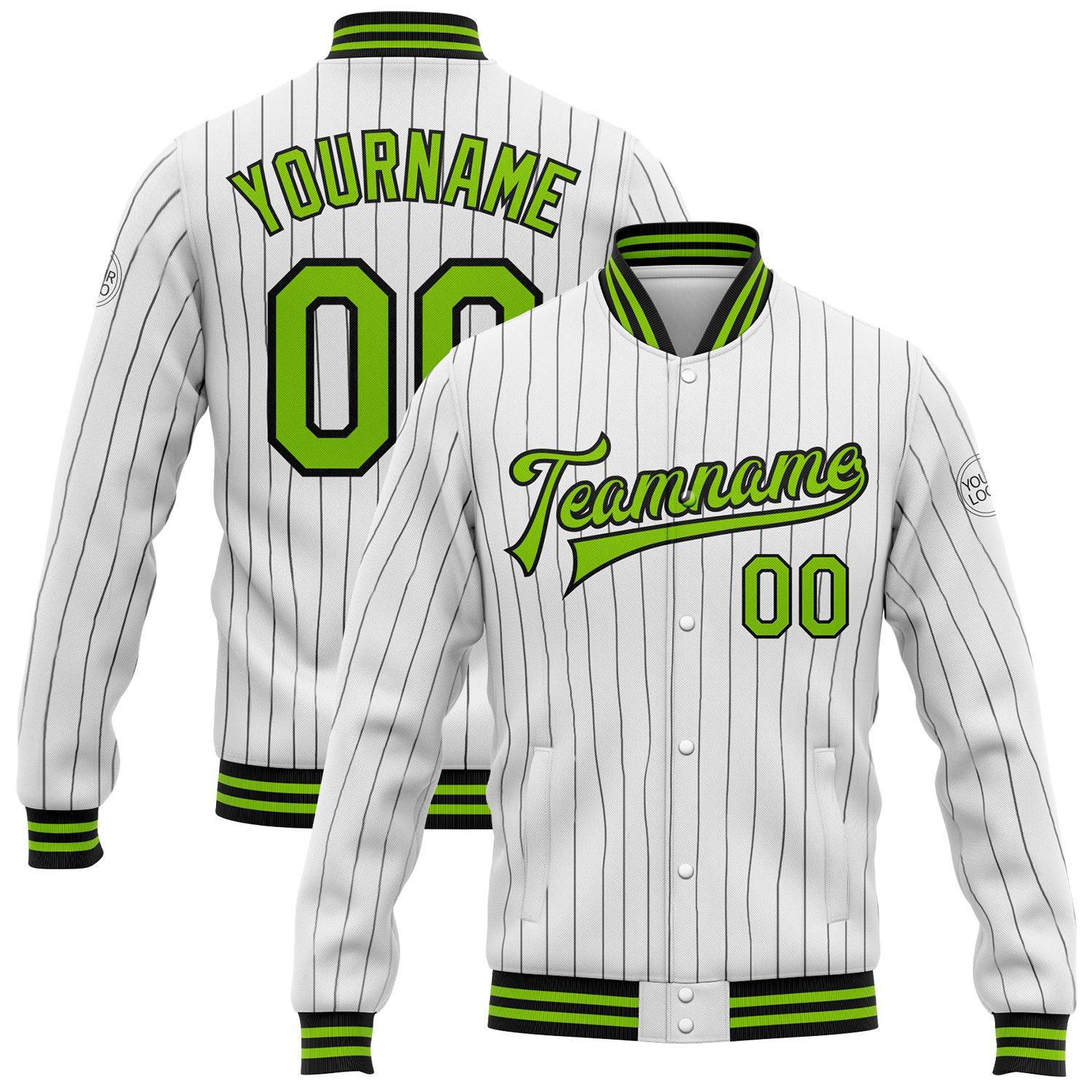 Custom Name Number Personalized Neon Green Black White Pinstripe Bomber Varsity Letterman Jacket Personalized White Black