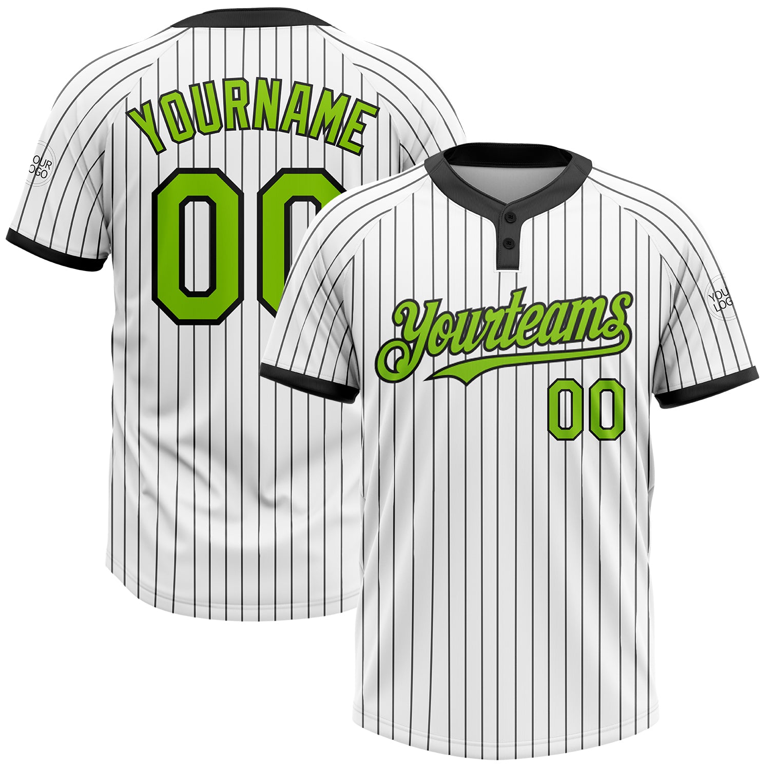 Custom Name Number Neon Green Pinstripe Softball Jersey Unisex Two-Button Personalized Black White Design Personalized White