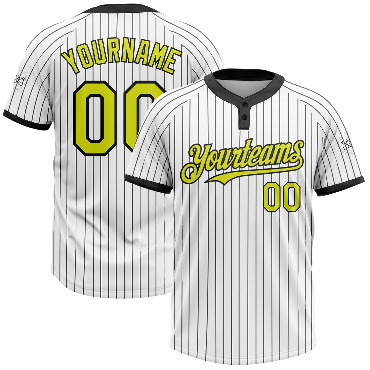 Custom Name Number Unisex Softball Jersey Personalized Black White Pinstripe Neon Yellow Two-Button Design Personalized White