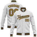 Custom Name Number Letterman Jacket Personalized Bomber Varsity Jacket White Black Pinstripe Old Gold Full-Snap Personalized