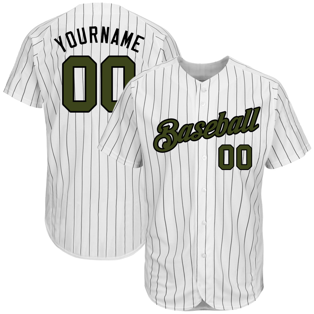 Custom Memorial Day Baseball Jersey Personalized with Name and Number, White Black Pinstripe, Olive-Black Design Personalized