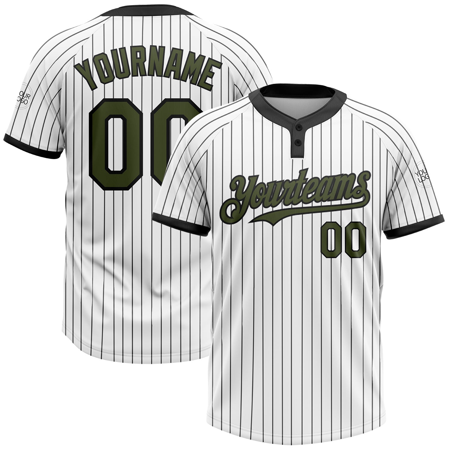 Custom Team Name Number Unisex Softball Jersey Personalized Olive Black White Pinstripe Two-Button Personalized White Black
