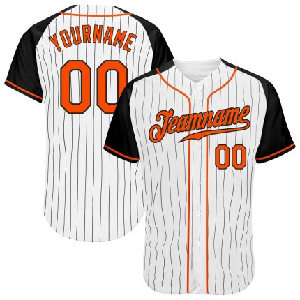 Custom Personalized Baseball Jersey with Raglan Sleeves, White Black Pinstripe, Orange-Black, Team Name and Number Personalized