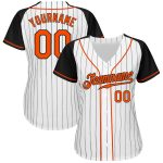 Custom Personalized Baseball Jersey with Raglan Sleeves, White Black Pinstripe, Orange-Black, Team Name and Number Personalized