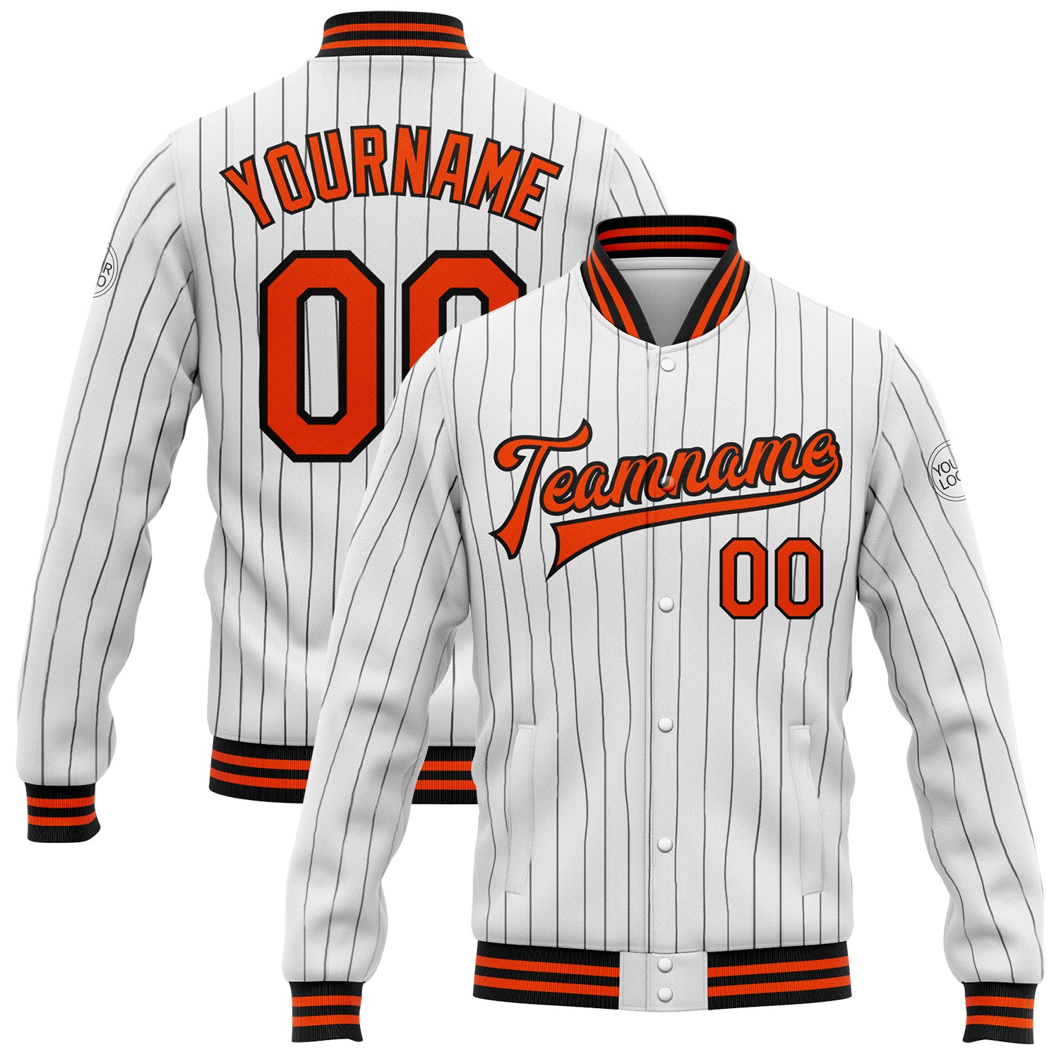 Custom Personalized Varsity Letterman Jacket with Orange Pinstripe, Full-Snap Bomber Style, Black and White, Team Name and Number