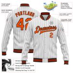 Custom Personalized Varsity Letterman Jacket with Orange Pinstripe, Full-Snap Bomber Style, Black and White, Team Name and Number