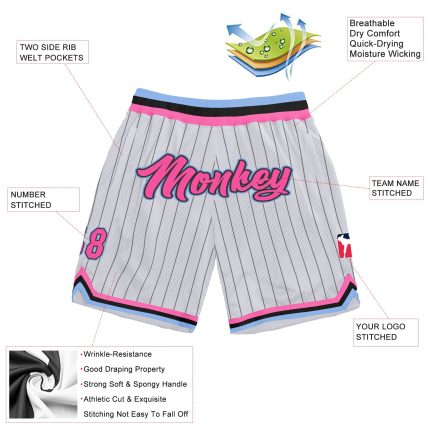 Custom Name Number Personalized Basketball Shorts Pink Light Blue Black White Pinstripe Authentic Team Gear Personalized