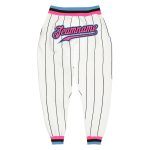 Custom Team Sports Pants with Personalized Name and Number, White Black Pinstripe Design, Pink Light Blue, Comfortable Fit