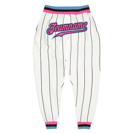 Custom Team Sports Pants with Personalized Name and Number, White Black Pinstripe Design, Pink Light Blue, Comfortable Fit