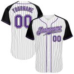 Custom Name Number Baseball Jersey - Personalized Authentic White Black Pinstripe Raglan Sleeves in Purple-Black Personalized