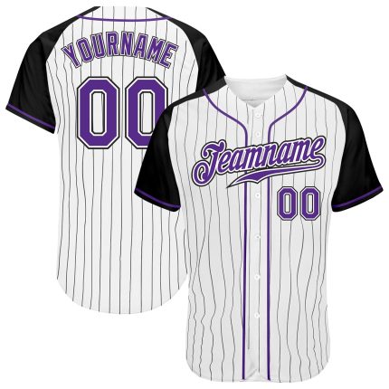 Custom Name Number Baseball Jersey - Personalized Authentic White Black Pinstripe Raglan Sleeves in Purple-Black Personalized