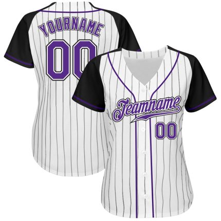 Custom Name Number Baseball Jersey - Personalized Authentic White Black Pinstripe Raglan Sleeves in Purple-Black Personalized