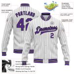 Custom Name Number Varsity Letterman Jacket Personalized White Black Pinstripe Purple Full-Snap Bomber Personalized White