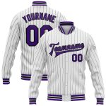 Custom Name Number Varsity Letterman Jacket Personalized White Black Pinstripe Purple Full-Snap Bomber Personalized White