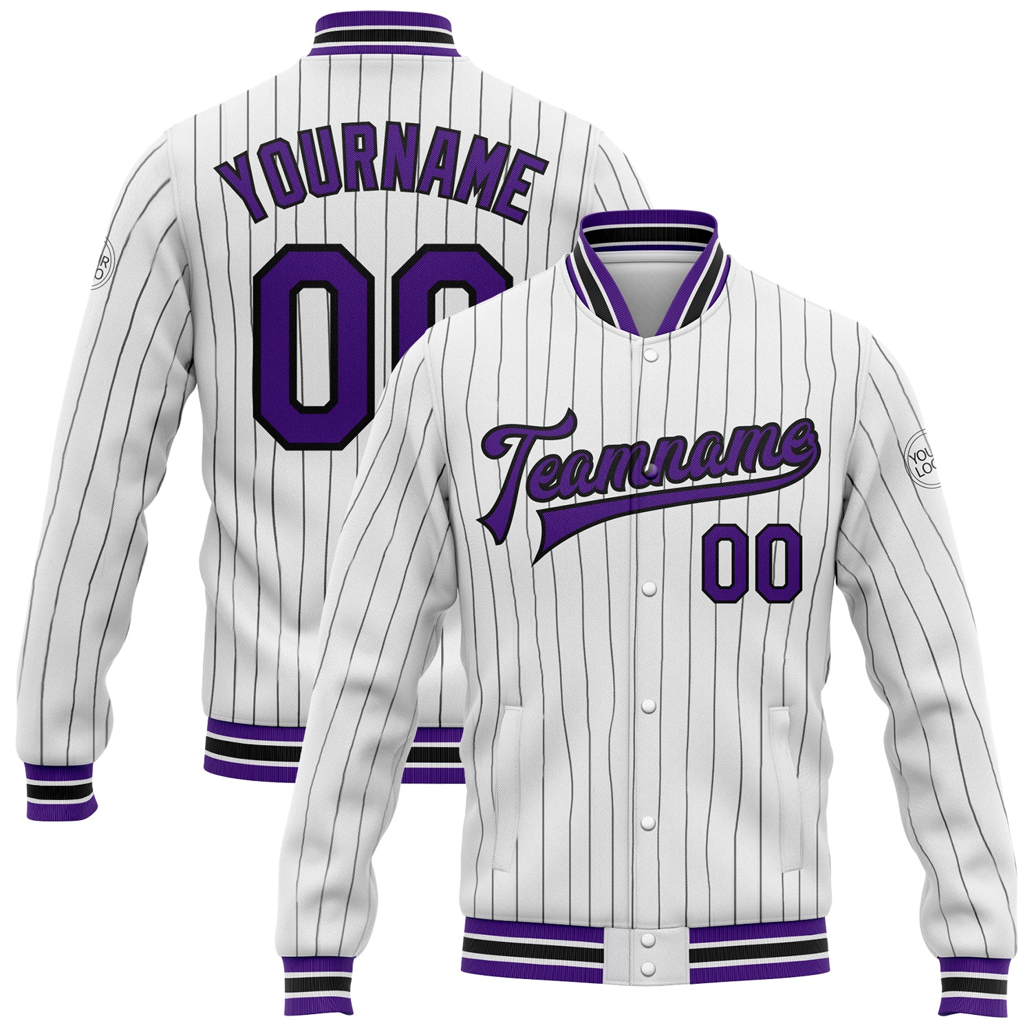 Custom Name Number Varsity Letterman Jacket Personalized White Black Pinstripe Purple Full-Snap Bomber Personalized White
