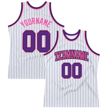 Custom Authentic Basketball Jersey - Personalized White Black Pinstripe with Purple Pink - Team Name & Number Personalized