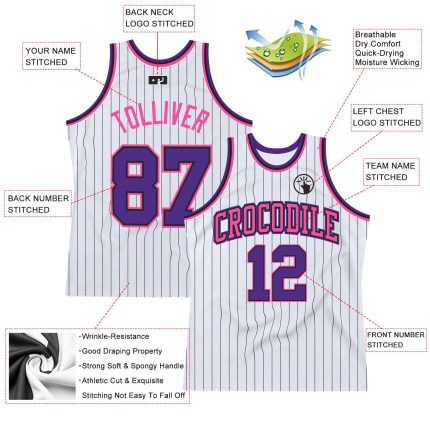 Custom Authentic Basketball Jersey - Personalized White Black Pinstripe with Purple Pink - Team Name & Number Personalized