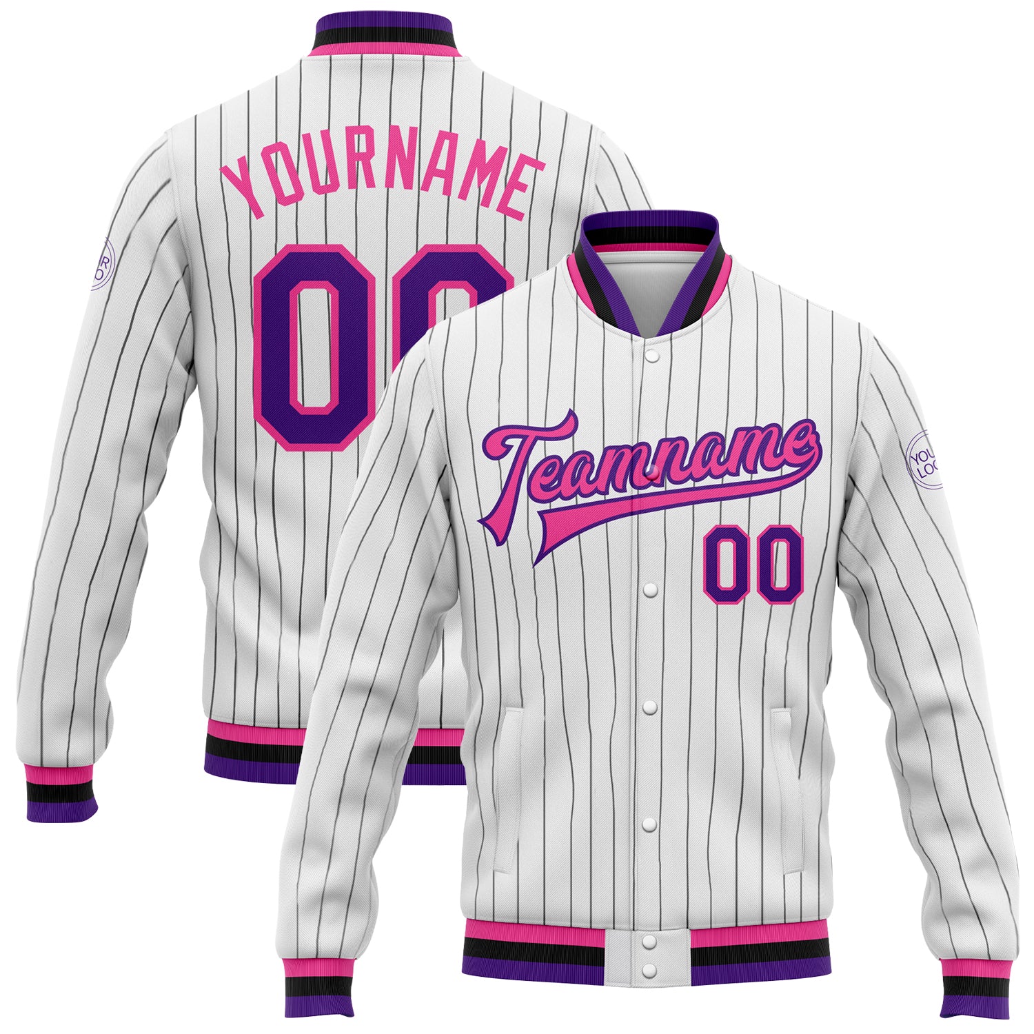 Custom Varsity Letterman Jacket with Personalized Team Name & Number - White Black Pinstripe Purple Pink Full-Snap Bomber