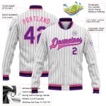 Custom Varsity Letterman Jacket with Personalized Team Name & Number - White Black Pinstripe Purple Pink Full-Snap Bomber