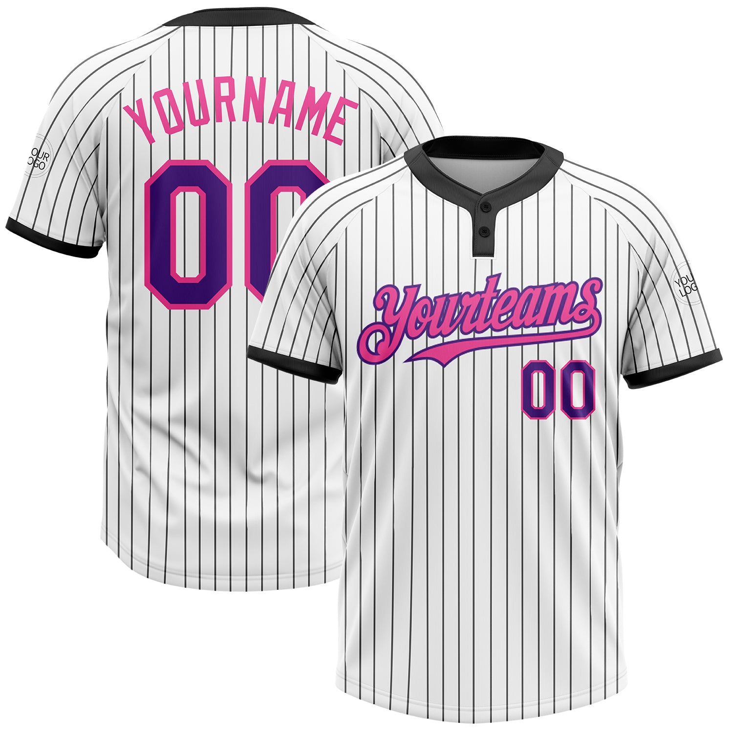Custom Unisex Softball Jersey Personalized Pinstripe Black White Purple-Pink Two-Button with Name and Number Personalized