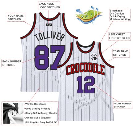 Customizable Authentic Basketball Jersey - Personalized White Black Pinstripe with Purple-Red, Team Name & Number Options