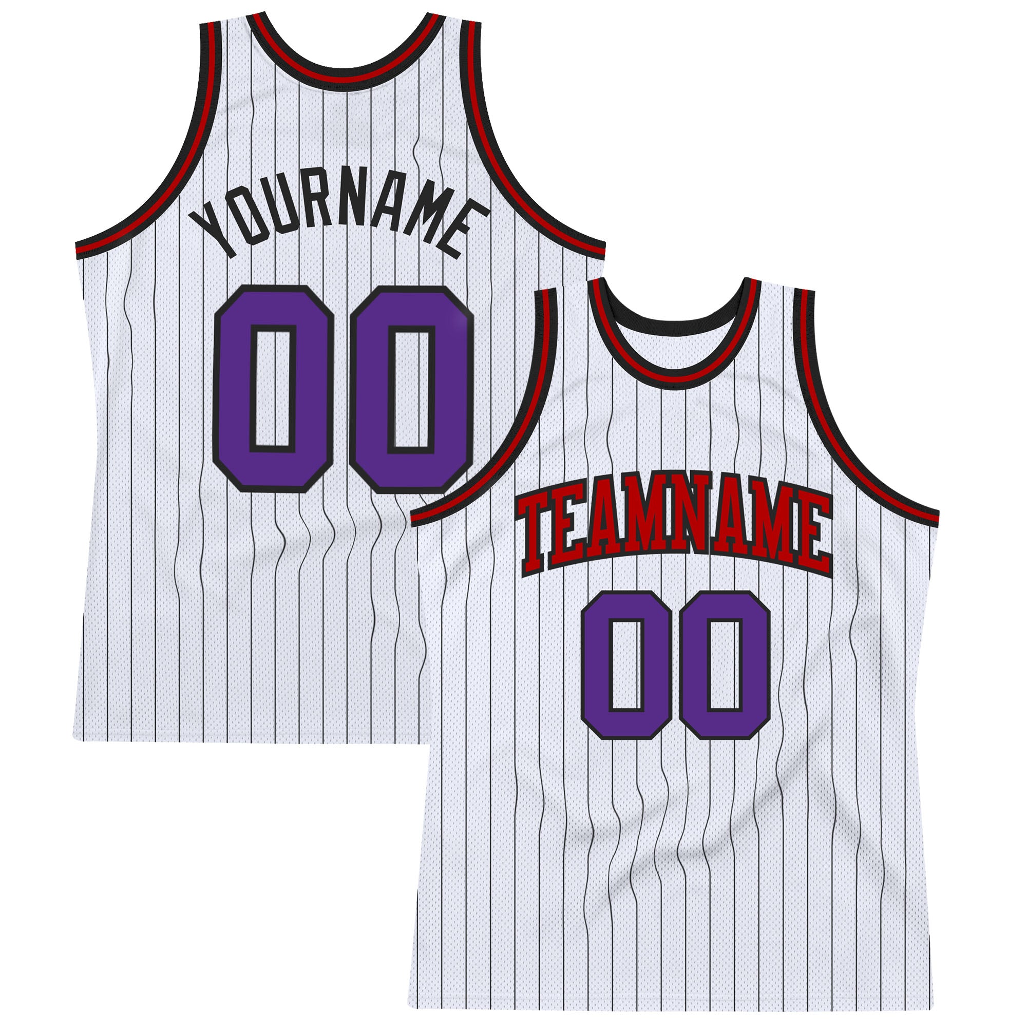 Customizable Authentic Basketball Jersey - Personalized White Black Pinstripe with Purple-Red, Team Name & Number Options