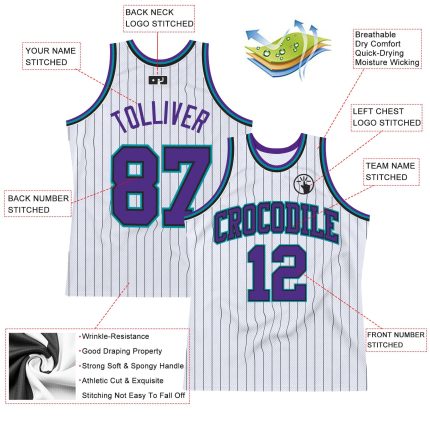 Custom Name Number Personalized Basketball Jersey Authentic White Black Pinstripe Purple Teal Personalized White Black Pinstripe