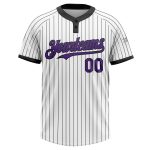 Custom Name and Number Unisex Purple Two-Button Softball Jersey - Personalized Black White Pinstripe Design Personalized
