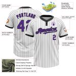 Custom Name and Number Unisex Purple Two-Button Softball Jersey - Personalized Black White Pinstripe Design Personalized